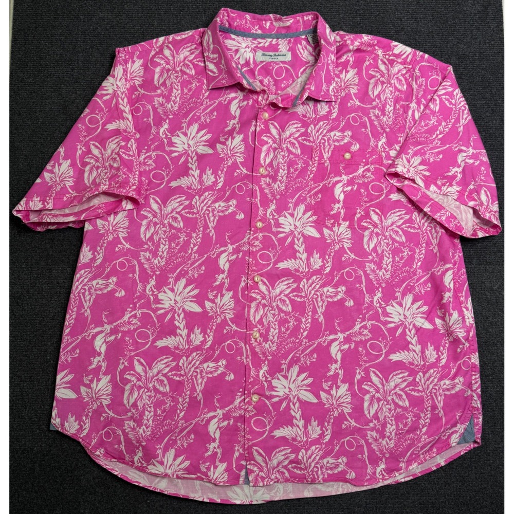 Tommy Bahama Tortola Mens XXL Pink White Tropical Palm Cotton Blend Vacation